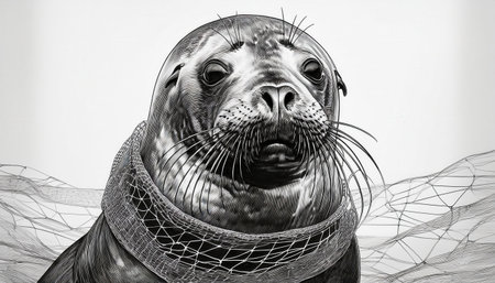 A trapped marine animal highlights the urgent need for environmental protection and waste sorting.の素材