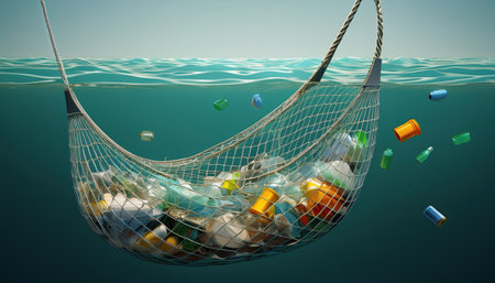 A vivid portrayal of waste collection from water, highlighting environmental protection efforts.の素材