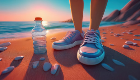 person standing near a water bottle on a sandy beach during a beautiful sunset.の素材