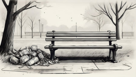 A serene park bench sits by a trash pile, emphasizing the need for better waste sorting.の素材