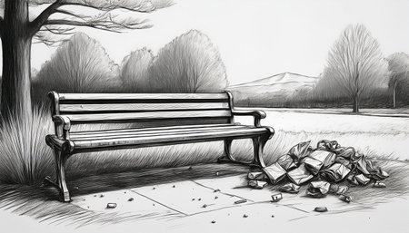 Encouraging environmental protection with waste sorting initiatives near a park bench.の素材
