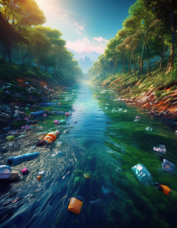 A vibrant river showcases nature's beauty, highlighting the need for environmental protection.の素材