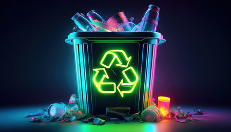 Brightly colored recycling bin overflows with assorted waste to promote environmental awareness.の素材