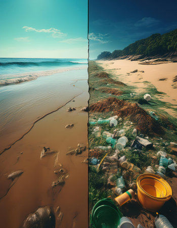 Illustration shows the contrast between clean and polluted beaches and their impact on ecosystems.の素材