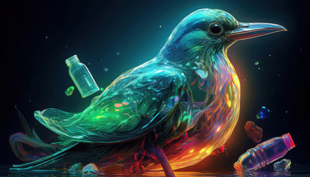 A colorful bird surrounded by scattered waste highlights the importance of recycling and Earth Day.の素材