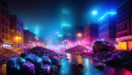 A vibrant cityscape where neon lights shine over towering piles of garbage, calling for awareness.の素材