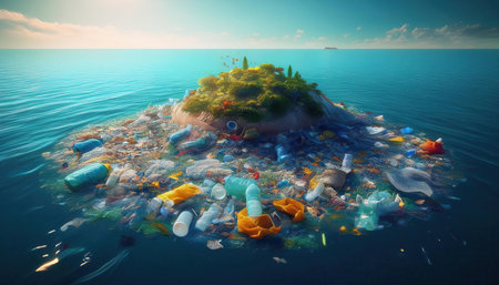 A floating isle of waste in the ocean highlights the urgent need for cleanup.の素材
