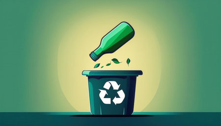 Green bottle is tossed into a recycling bin promoting environmental protection and awareness.の素材