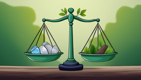 An illustration depicts a scale balancing recyclables and nature, encouraging conservation.の素材