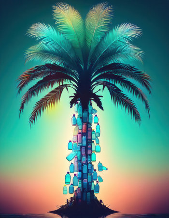 A colorful palm tree made of plastic bottles symbolizes pollution awareness.の素材