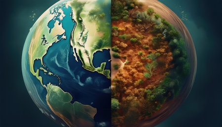 Depiction of Earth split between flourishing nature and polluted landscapes promoting awareness.の素材