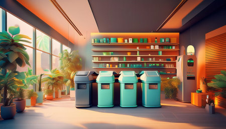 Sleek waste sorting bins showcase sustainable practices within a vibrant urban environment.の素材