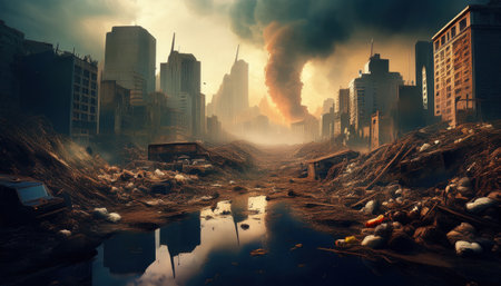 A devastated urban landscape reveals the serious effects of pollution and waste mismanagement.の素材