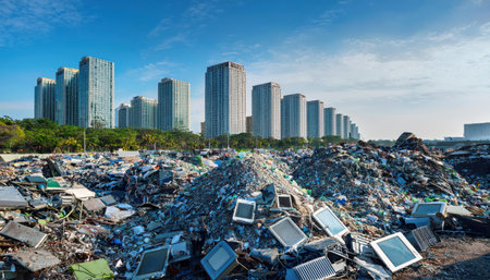 Trash piles at city outskirts highlight todays major pollution challenge.の素材