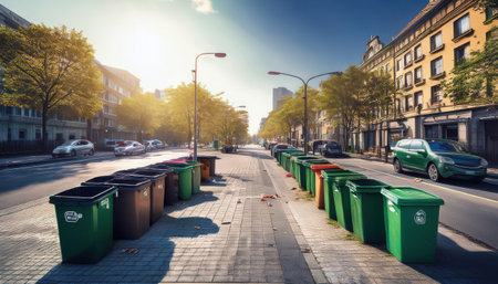 Community members sort waste on a sunny street during Earth Day festivities.の素材