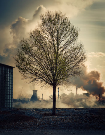 A lone tree thrives in a polluted area, emphasizing the need for sustainability.の素材