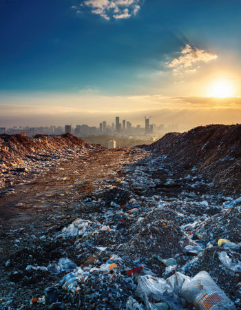 A stunning sunset over a landfill underscores the need for better waste management.の素材
