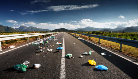 Litter covers the roadway, emphasizing the impact of pollution on the landscape and ecosystem.の素材