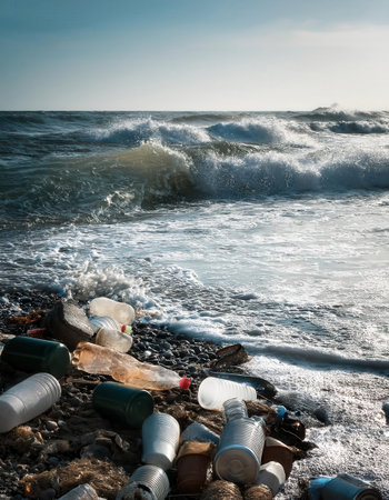Plastic waste covers the shore, highlighting the urgent need for environmental protection.の素材