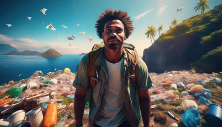 A person amidst waste on a beautiful shore underscores the need for conservation.の素材