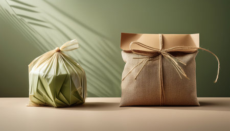 Two eco friendly packages symbolizing environmental awareness and waste reduction efforts.の素材
