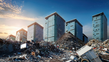 Piles of garbage dominate an industrial setting, emphasizing urgent calls for sustainability.の素材