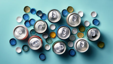 Artfully arranged cans and bottle caps promote recycling and pollution awareness.の素材