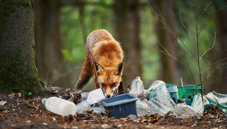 A fox searches through litter in a forest, showcasing natures pollution problem.の素材