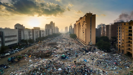 A lot of trash among huge city, emphasizing waste sorting and protection of nature.の素材
