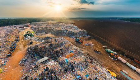 Mountains of waste rise at sunset, showcasing pollution and environmental concerns.の素材