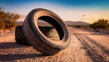 Waste tires lie abandoned along a solitary pathway, raising awareness for pollution issues.の素材