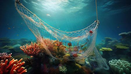 A discarded fishing net entangles corals and marine life, highlighting pollutions effects.の素材