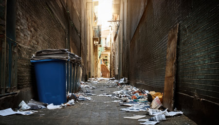 Empty street full of trash, emphasizing waste sorting and protection of nature..の素材