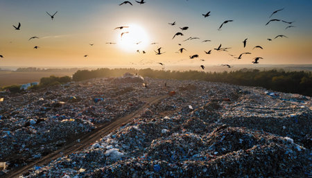Birds fly over a landfill, highlighting the urgent need for pollution awareness.の素材