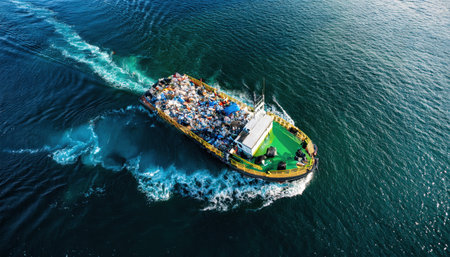 A barge collects waste in the water to promote environmental protection efforts.の素材