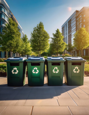 Recycling bins stand neatly arranged in a vibrant urban area surrounded by greenery.の素材