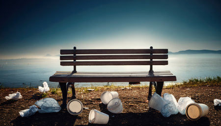 Trash scattered around a bench near the water emphasizes the importance of pollution awarenessの素材