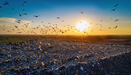 As the sun sets, birds fly over a landfill, highlighting pollution and waste issues.の素材