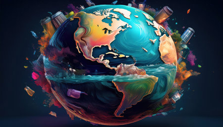 Vibrant image of the planet with recycling symbols and waste items for Earth Day.の素材