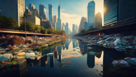 Highlighting city landscapes that emphasize the importance of waste sorting and protection.の素材