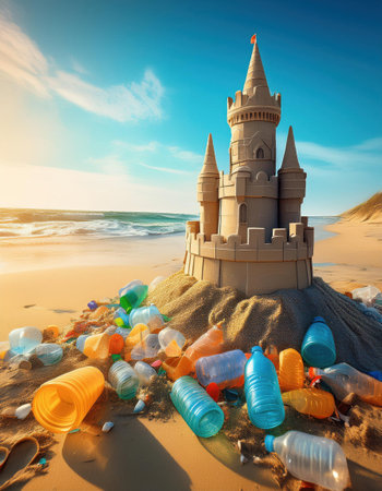 A creative sand castle constructed from colorful plastic bottles highlights the pollution issue.の素材
