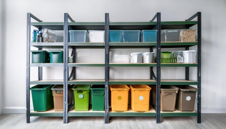 Organized waste sorting station showcases responsible recycling practices for better habitats.の素材