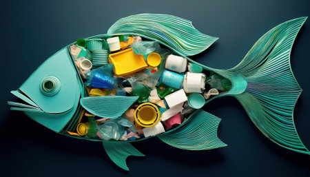 A colorful fish from recycled materials highlights the need for waste sorting and protection.の素材