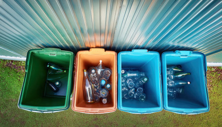 Colorful bins of recyclables emphasize waste sorting for a cleaner planet.の素材