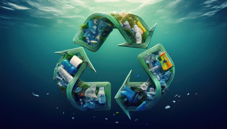 A recycling symbol made of waste materials highlights the need for environmental awareness.の素材