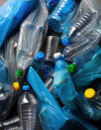 Collected plastic bags and bottles highlight the need for eco friendly waste management.の素材