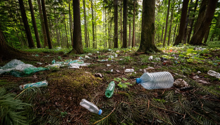 Volunteers participate in cleanup efforts, collecting plastic waste in the green woods.の素材