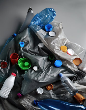 Colorful plastics in a mesh bag stress the importance of waste sorting and recycling.の素材