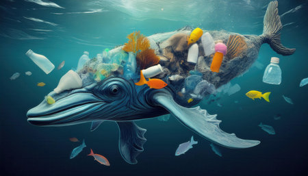 A surreal representation of a whale floating in polluted waters, showcasing the impact of waste.の素材