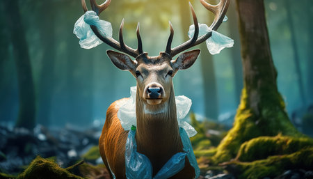 A majestic deer adorned with plastic waste in a vibrant forest highlights the pollution crisis.の素材